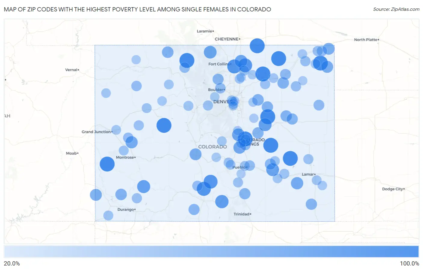 Zip Codes with the Highest Poverty Level Among Single Females in Colorado Map