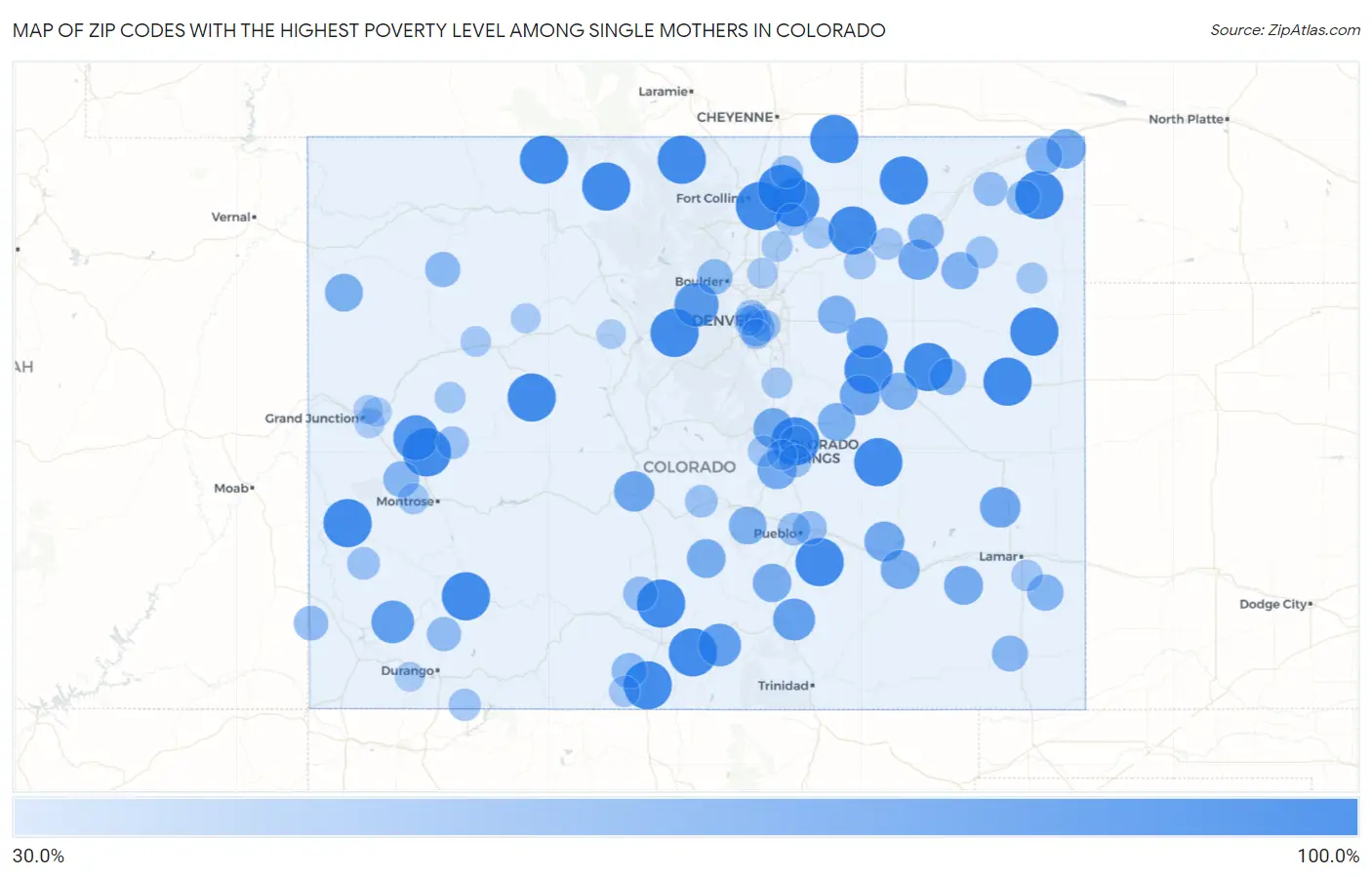 Zip Codes with the Highest Poverty Level Among Single Mothers in Colorado Map