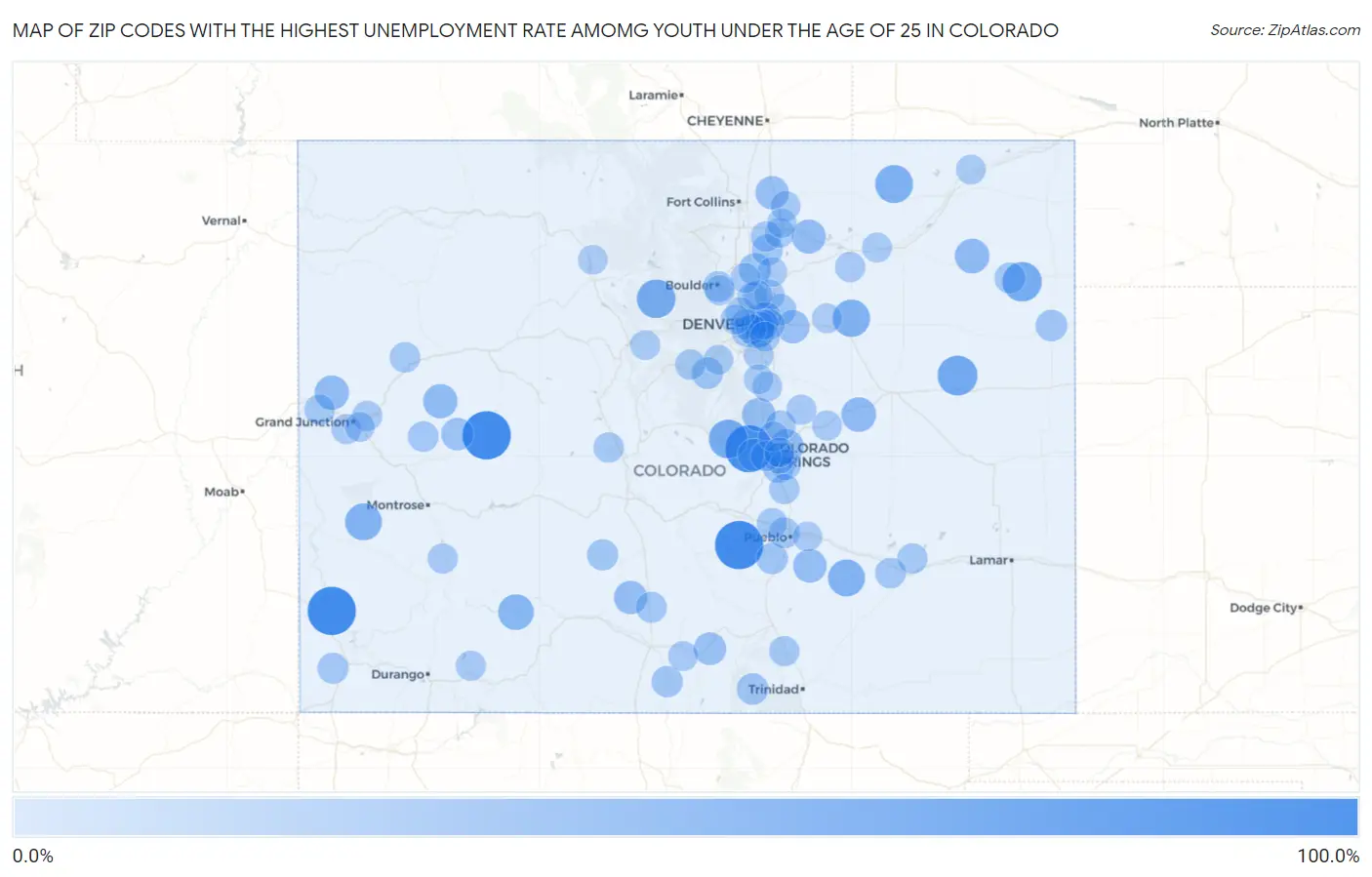 Zip Codes with the Highest Unemployment Rate Amomg Youth Under the Age of 25 in Colorado Map