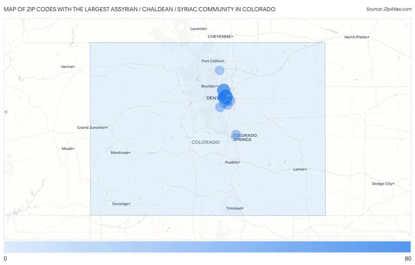 Zip Codes with the Largest Assyrian / Chaldean / Syriac Community in Colorado Map