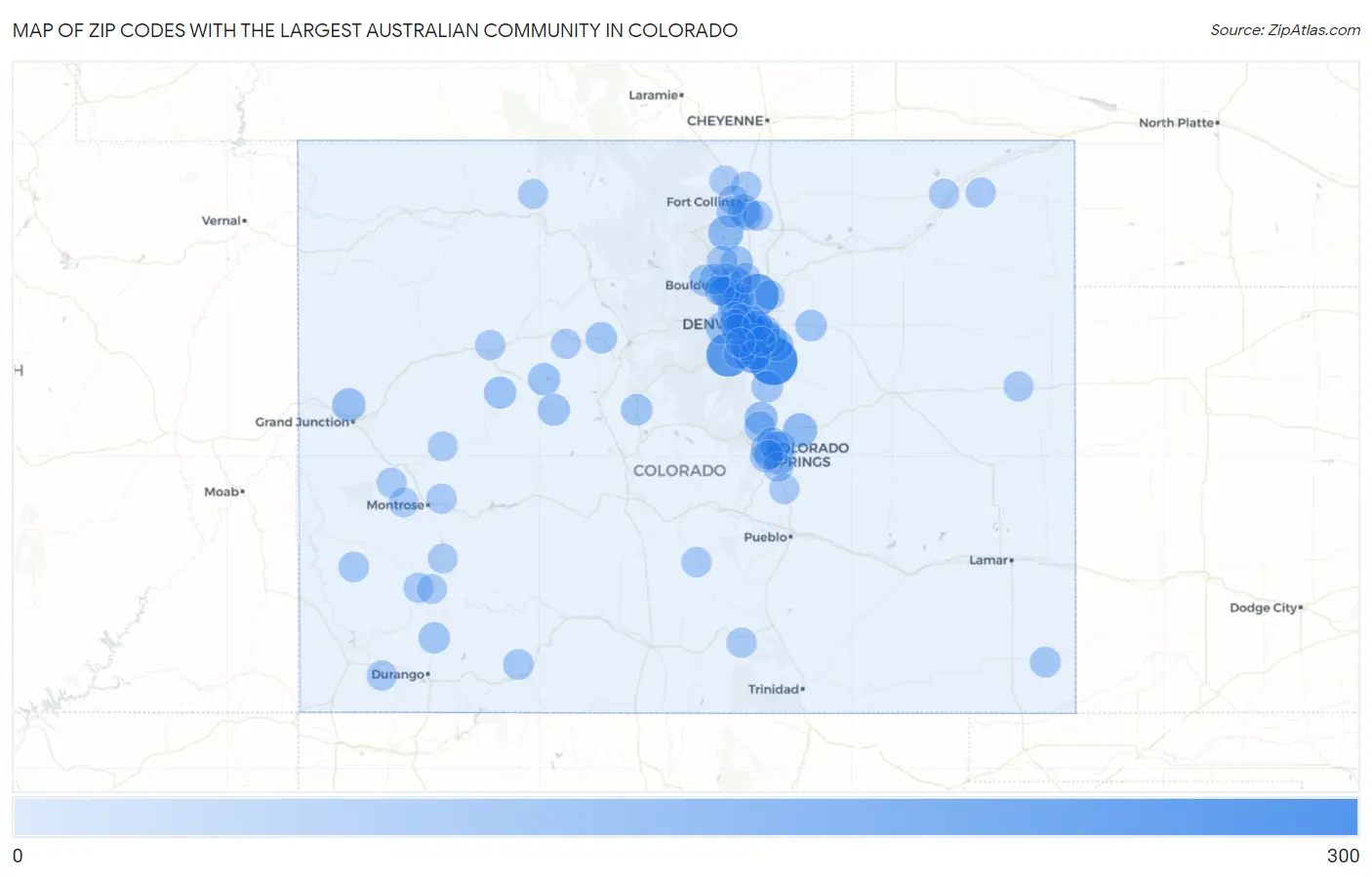 Zip Codes with the Largest Australian Community in Colorado Map