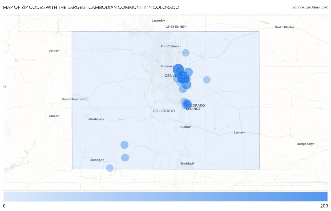 Zip Codes with the Largest Cambodian Community in Colorado Map