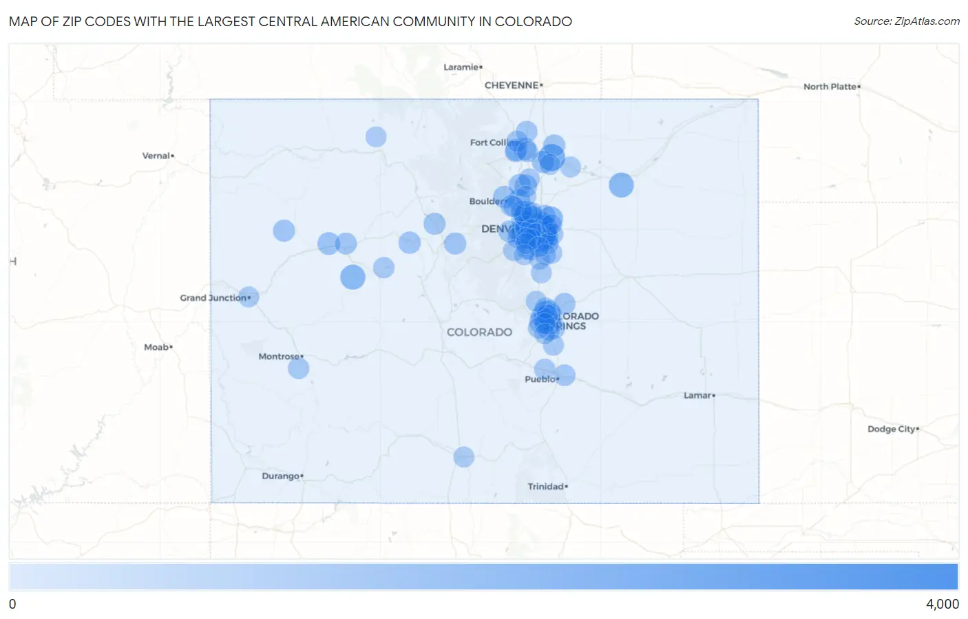 Zip Codes with the Largest Central American Community in Colorado Map