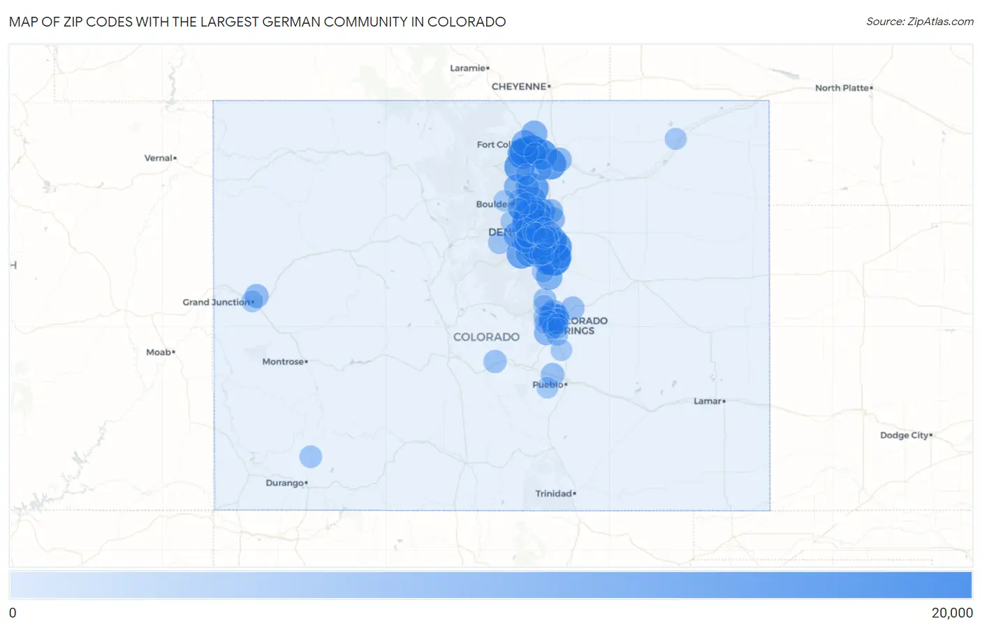 Zip Codes with the Largest German Community in Colorado Map