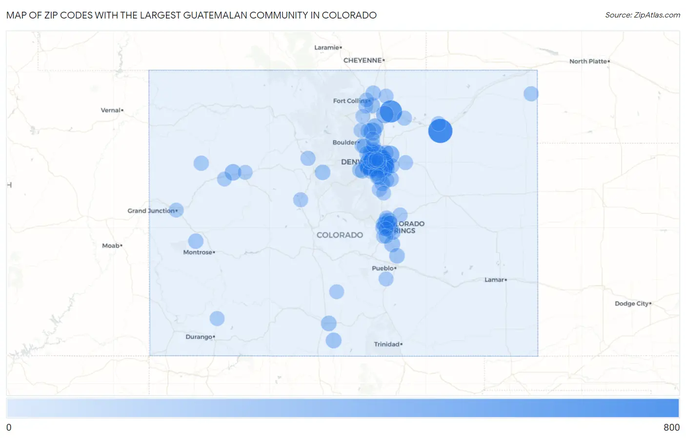 Zip Codes with the Largest Guatemalan Community in Colorado Map