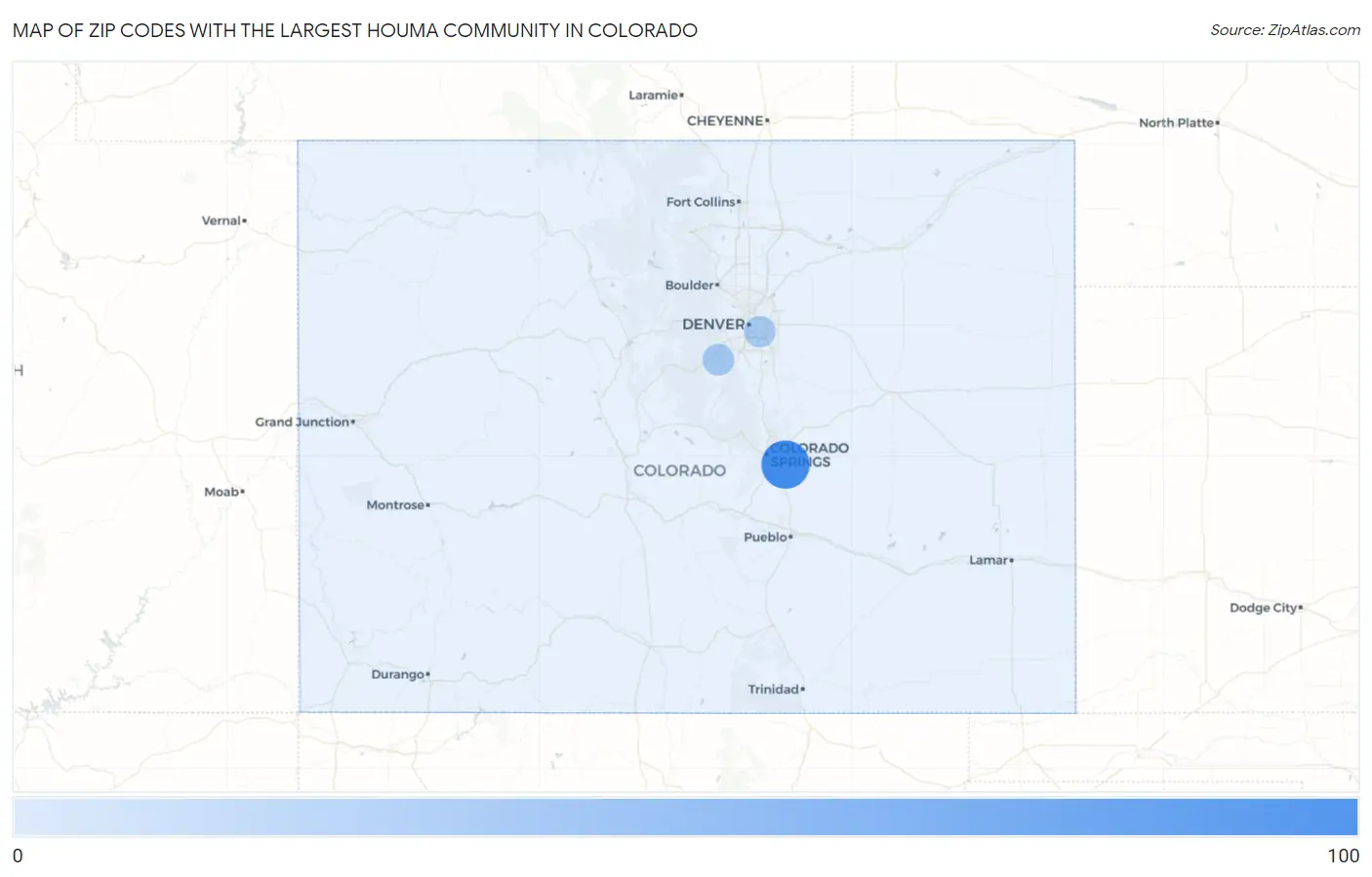 Zip Codes with the Largest Houma Community in Colorado Map