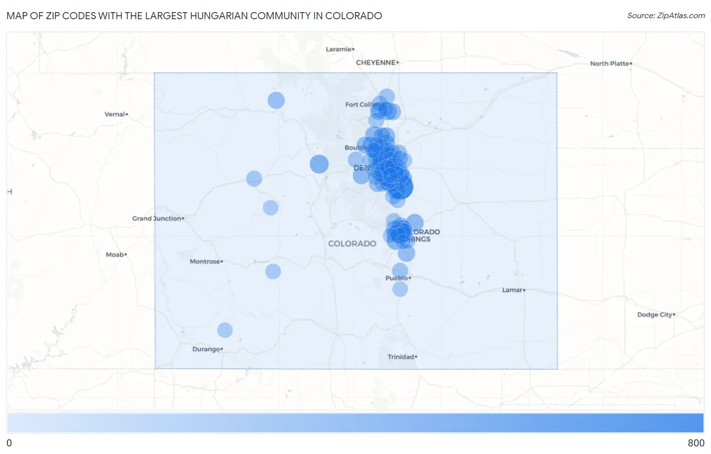 Zip Codes with the Largest Hungarian Community in Colorado Map