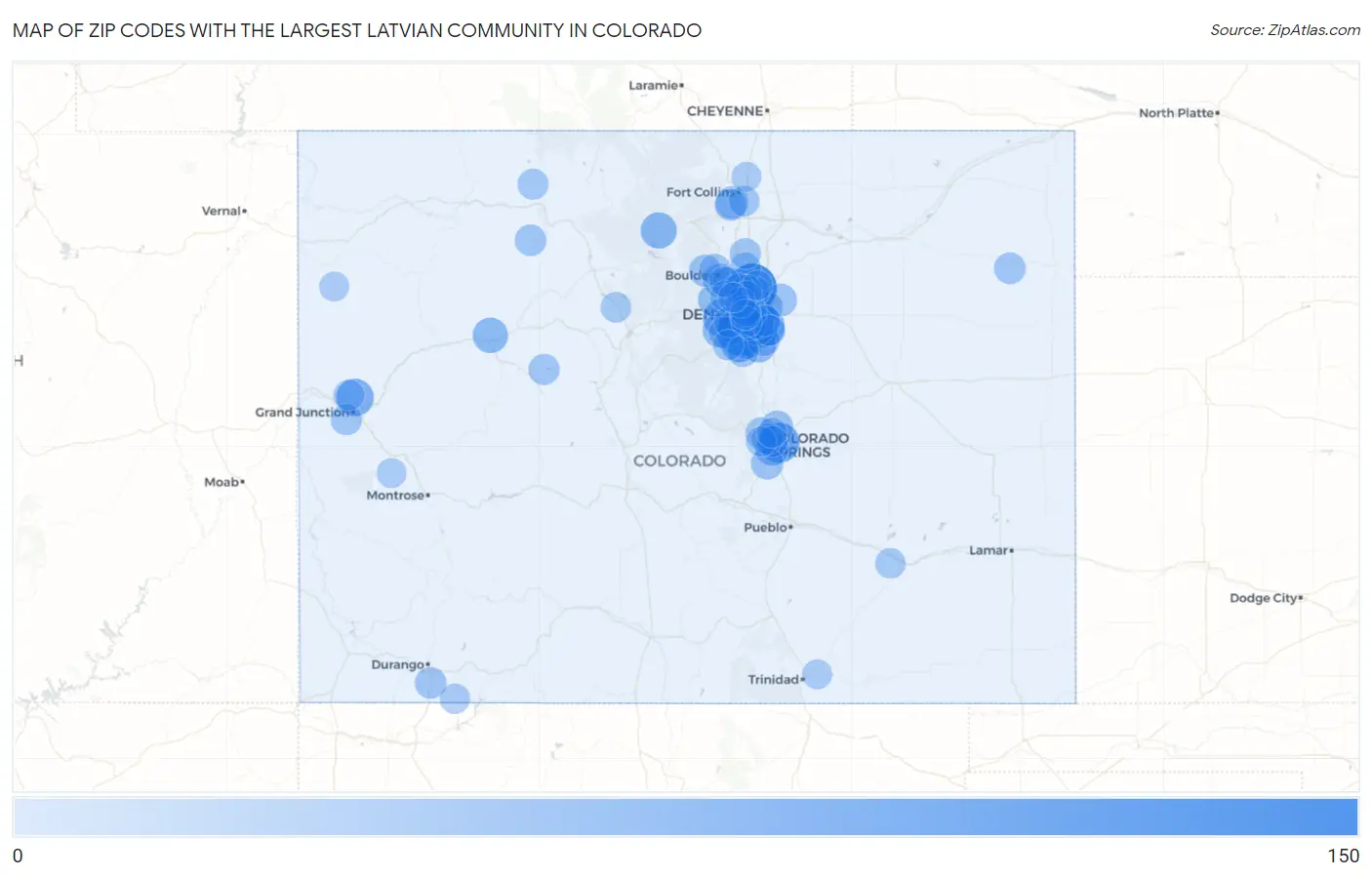 Zip Codes with the Largest Latvian Community in Colorado Map
