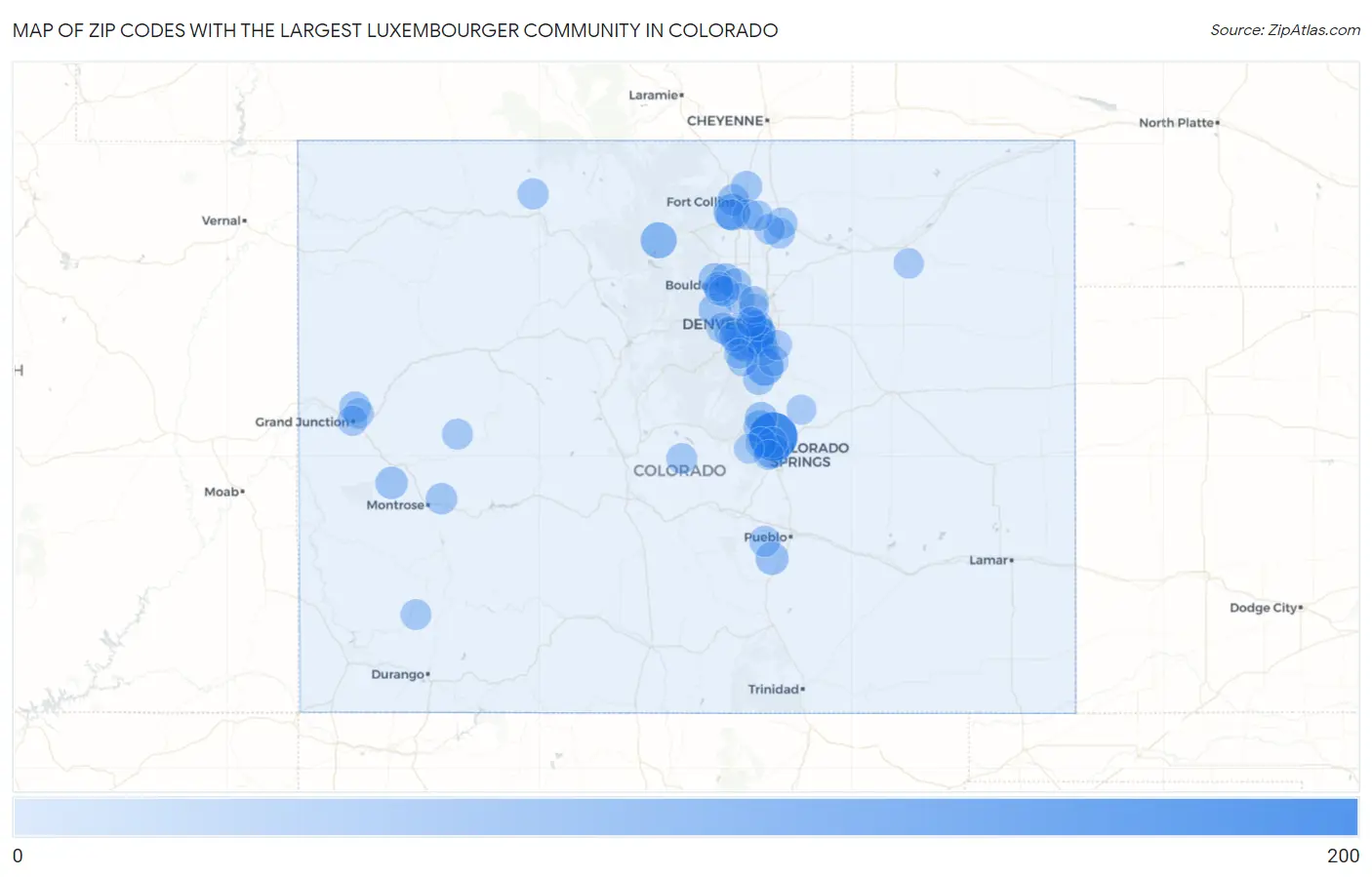 Zip Codes with the Largest Luxembourger Community in Colorado Map