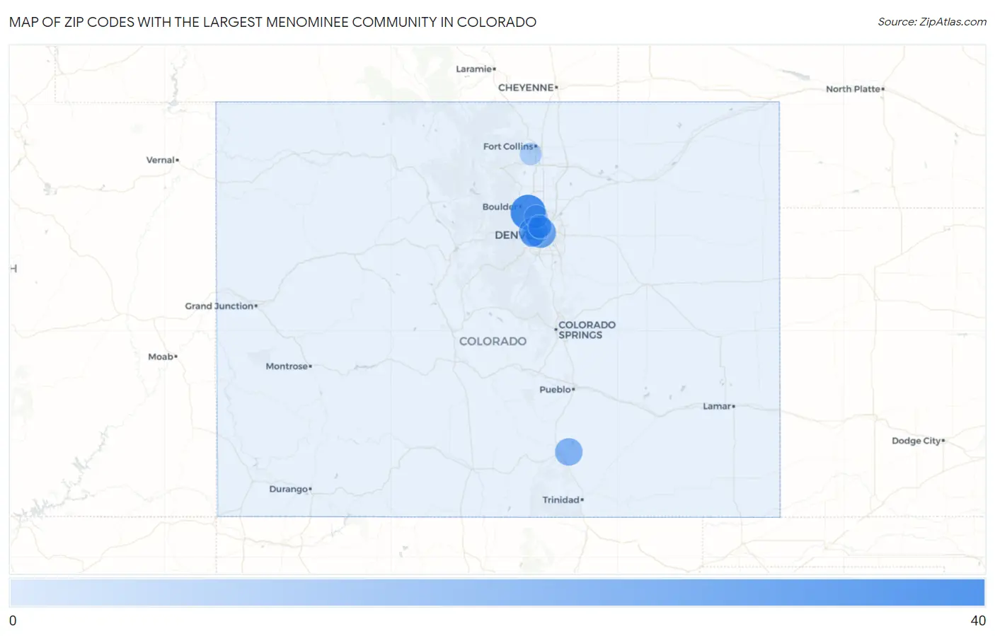 Zip Codes with the Largest Menominee Community in Colorado Map