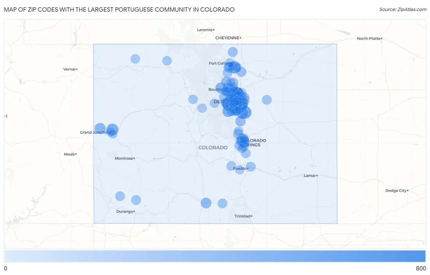 Zip Codes with the Largest Portuguese Community in Colorado Map