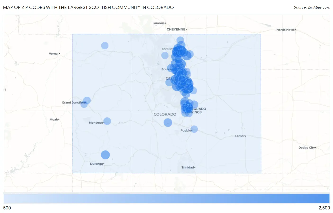 Zip Codes with the Largest Scottish Community in Colorado Map