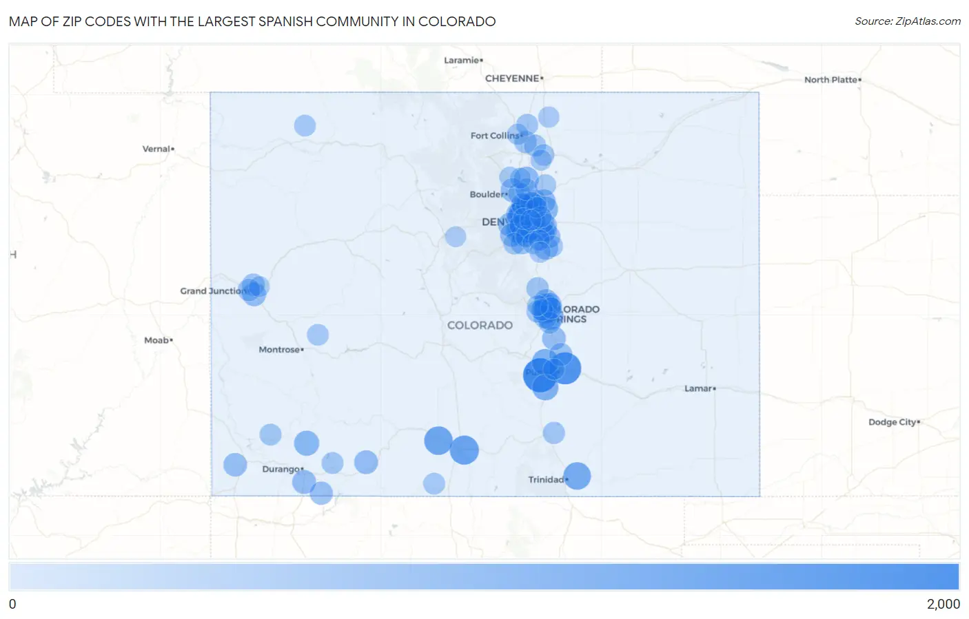 Zip Codes with the Largest Spanish Community in Colorado Map