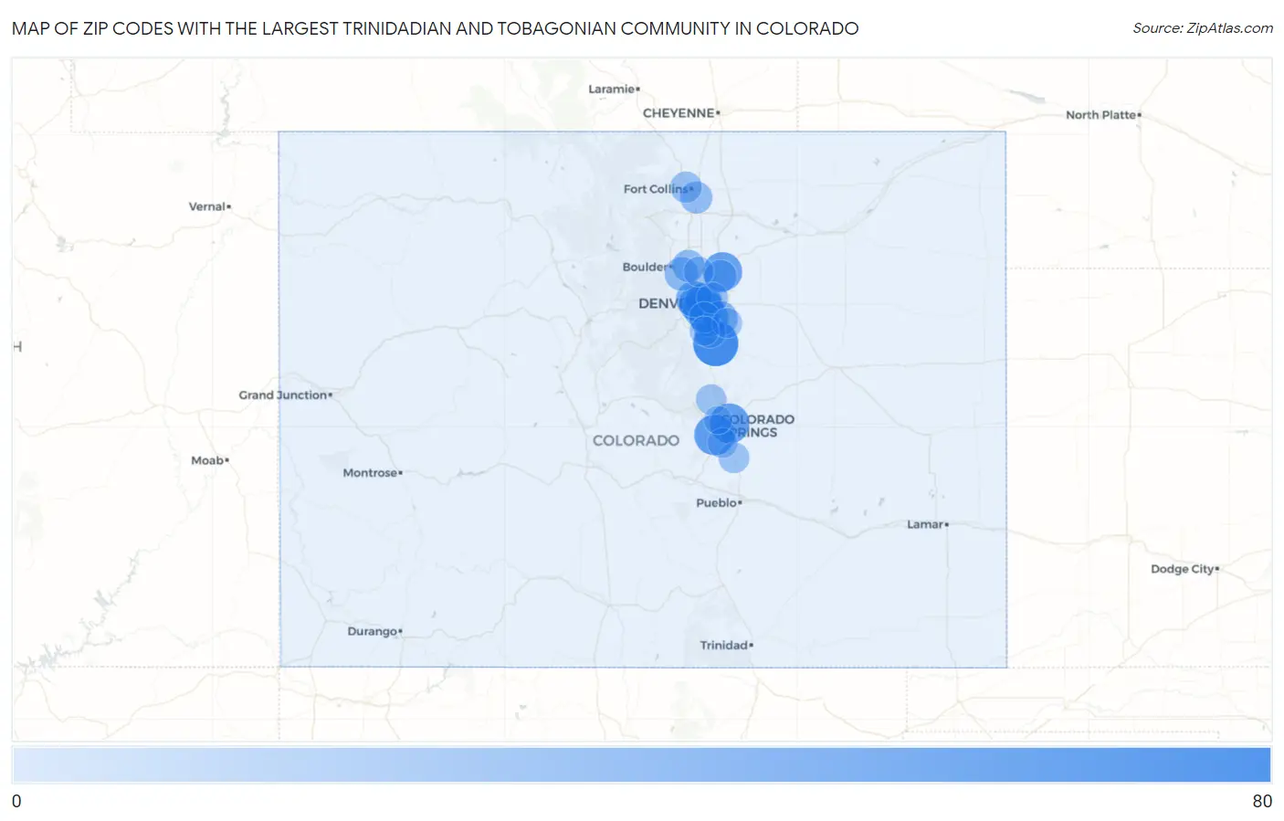 Zip Codes with the Largest Trinidadian and Tobagonian Community in Colorado Map