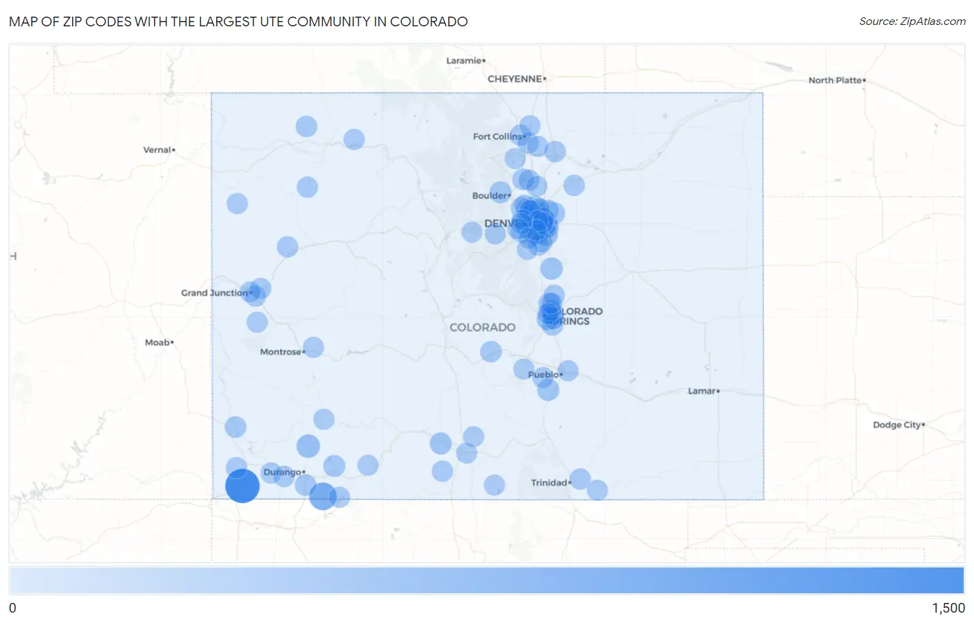 Zip Codes with the Largest Ute Community in Colorado Map