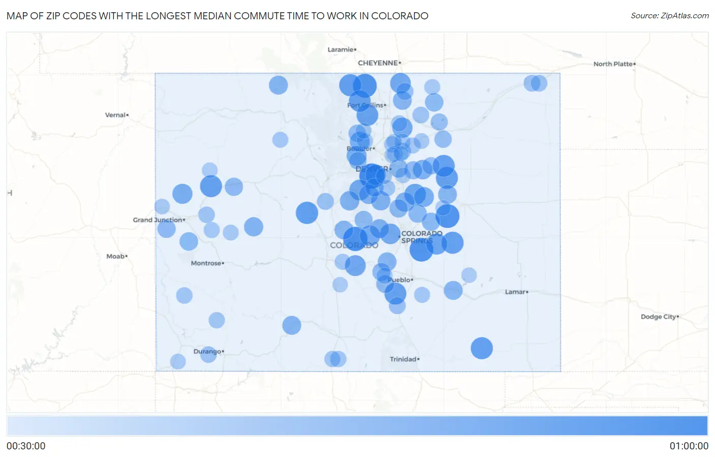 Zip Codes with the Longest Median Commute Time to Work in Colorado Map