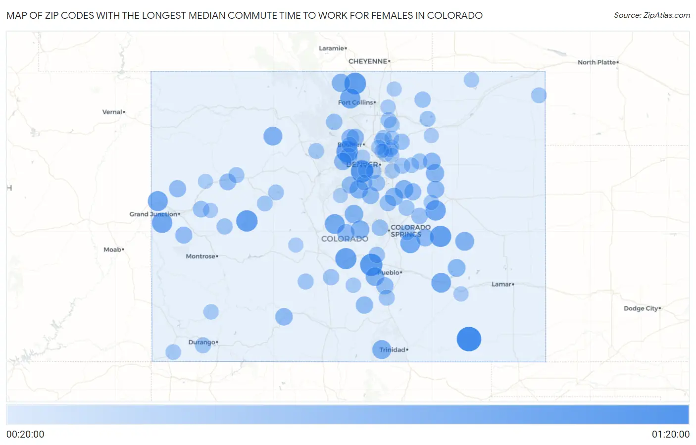 Zip Codes with the Longest Median Commute Time to Work for Females in Colorado Map