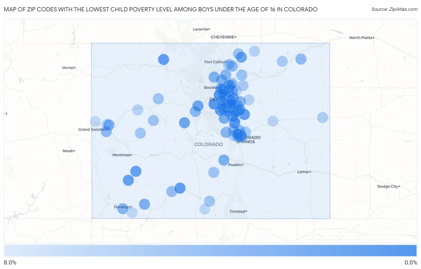 Zip Codes with the Lowest Child Poverty Level Among Boys Under the Age of 16 in Colorado Map