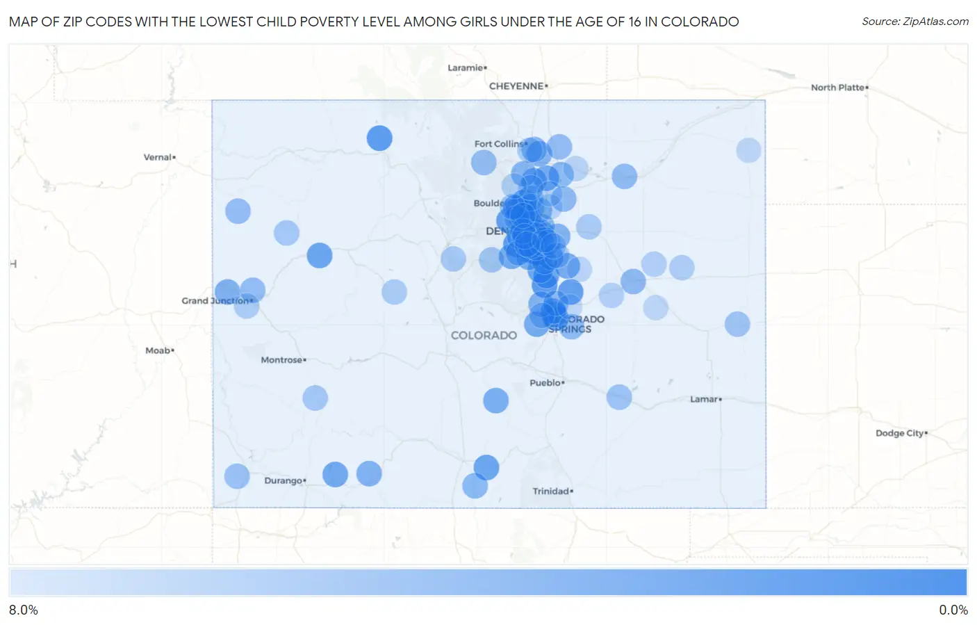Zip Codes with the Lowest Child Poverty Level Among Girls Under the Age of 16 in Colorado Map