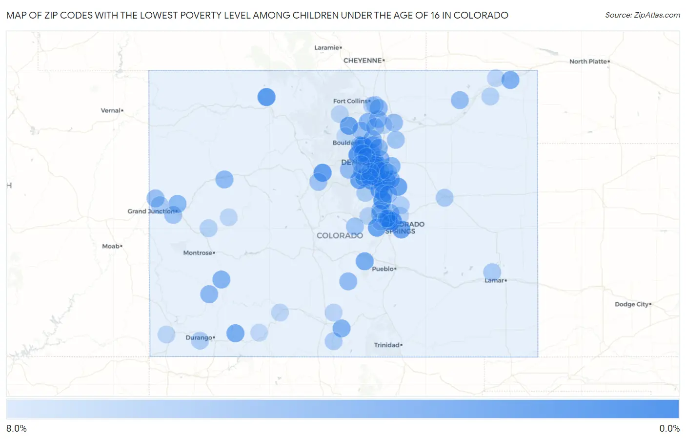 Zip Codes with the Lowest Poverty Level Among Children Under the Age of 16 in Colorado Map