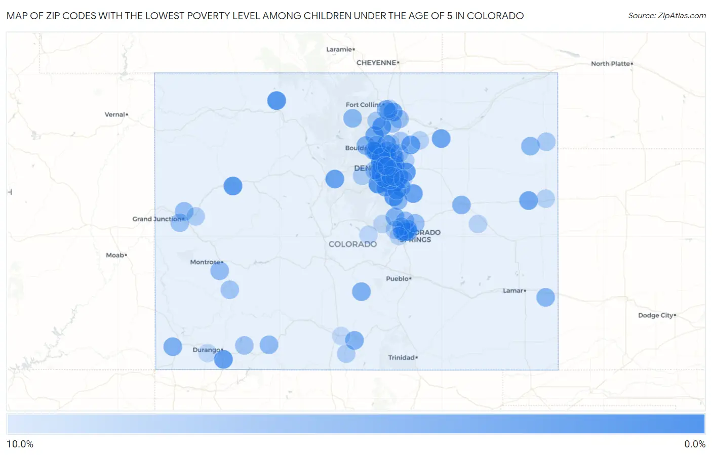 Zip Codes with the Lowest Poverty Level Among Children Under the Age of 5 in Colorado Map