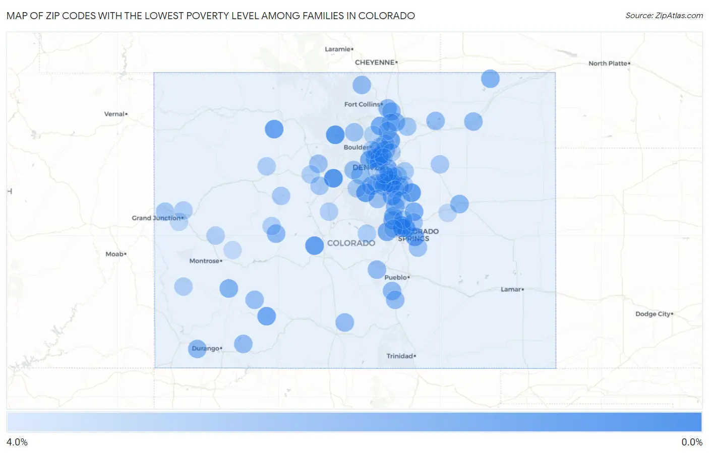 Zip Codes with the Lowest Poverty Level Among Families in Colorado Map
