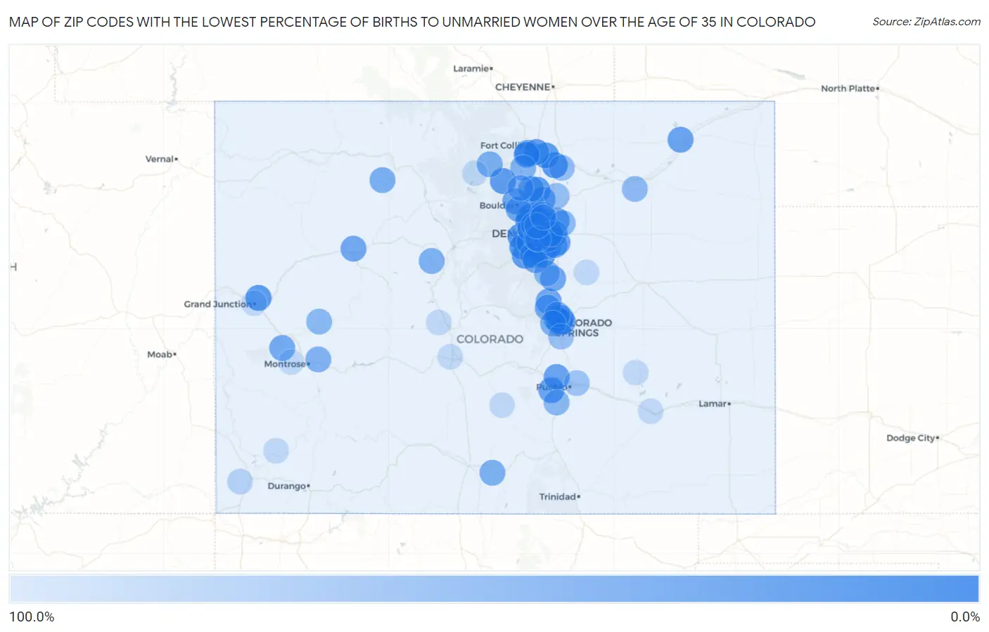 Zip Codes with the Lowest Percentage of Births to Unmarried Women over the Age of 35 in Colorado Map