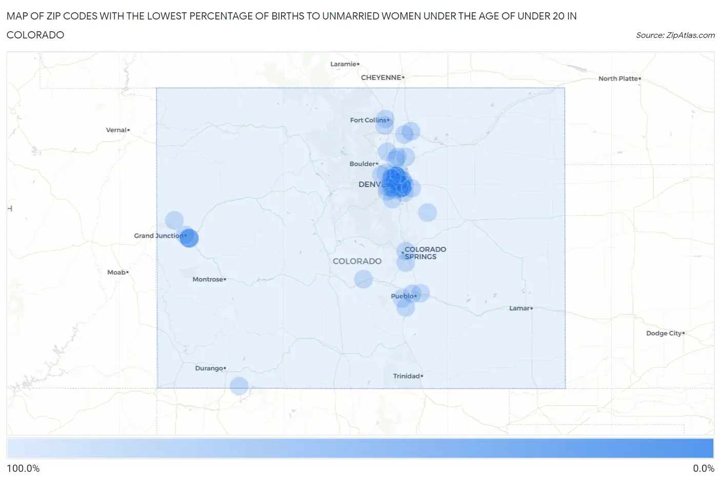 Zip Codes with the Lowest Percentage of Births to Unmarried Women under the Age of under 20 in Colorado Map