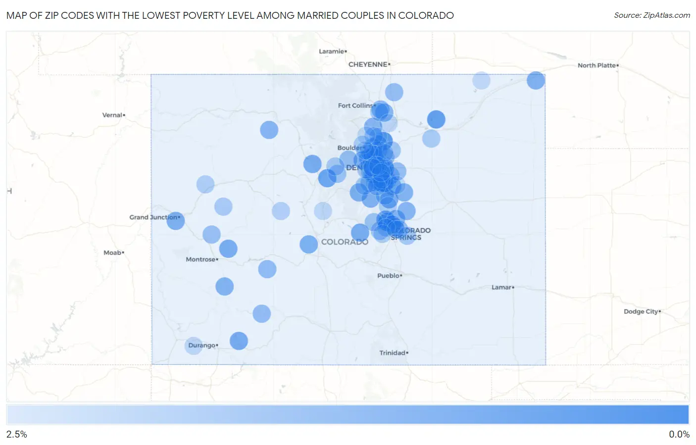 Zip Codes with the Lowest Poverty Level Among Married Couples in Colorado Map