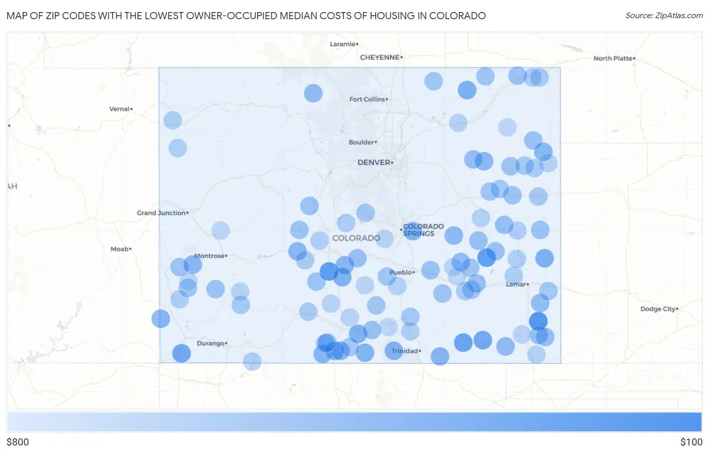 Zip Codes with the Lowest Owner-Occupied Median Costs of Housing in Colorado Map