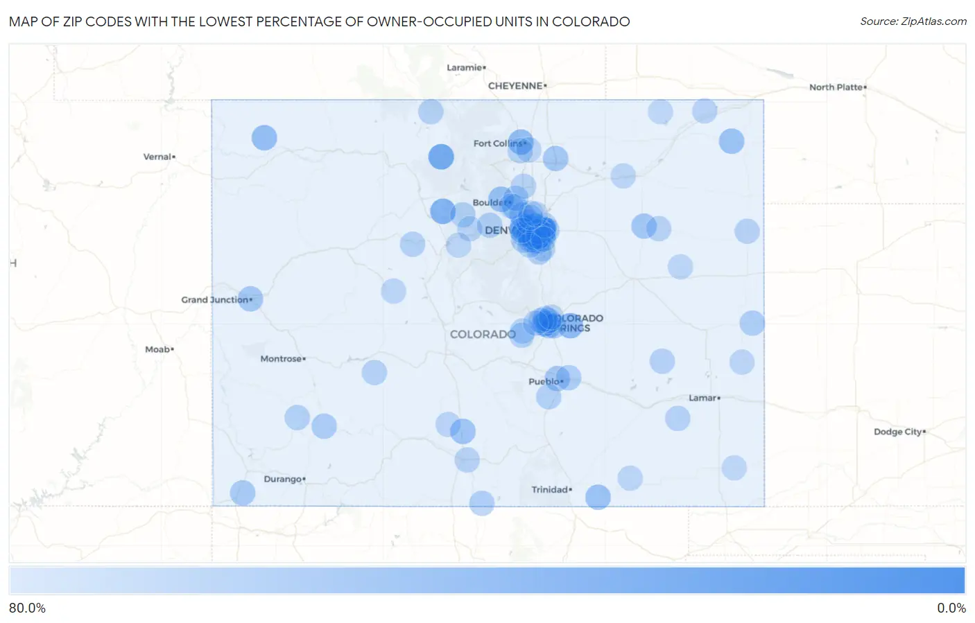 Zip Codes with the Lowest Percentage of Owner-Occupied Units in Colorado Map