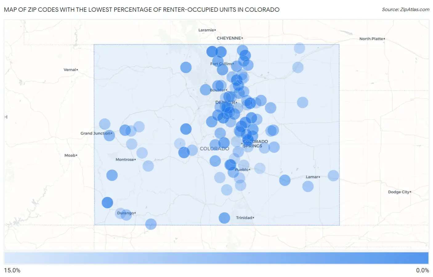 Zip Codes with the Lowest Percentage of Renter-Occupied Units in Colorado Map