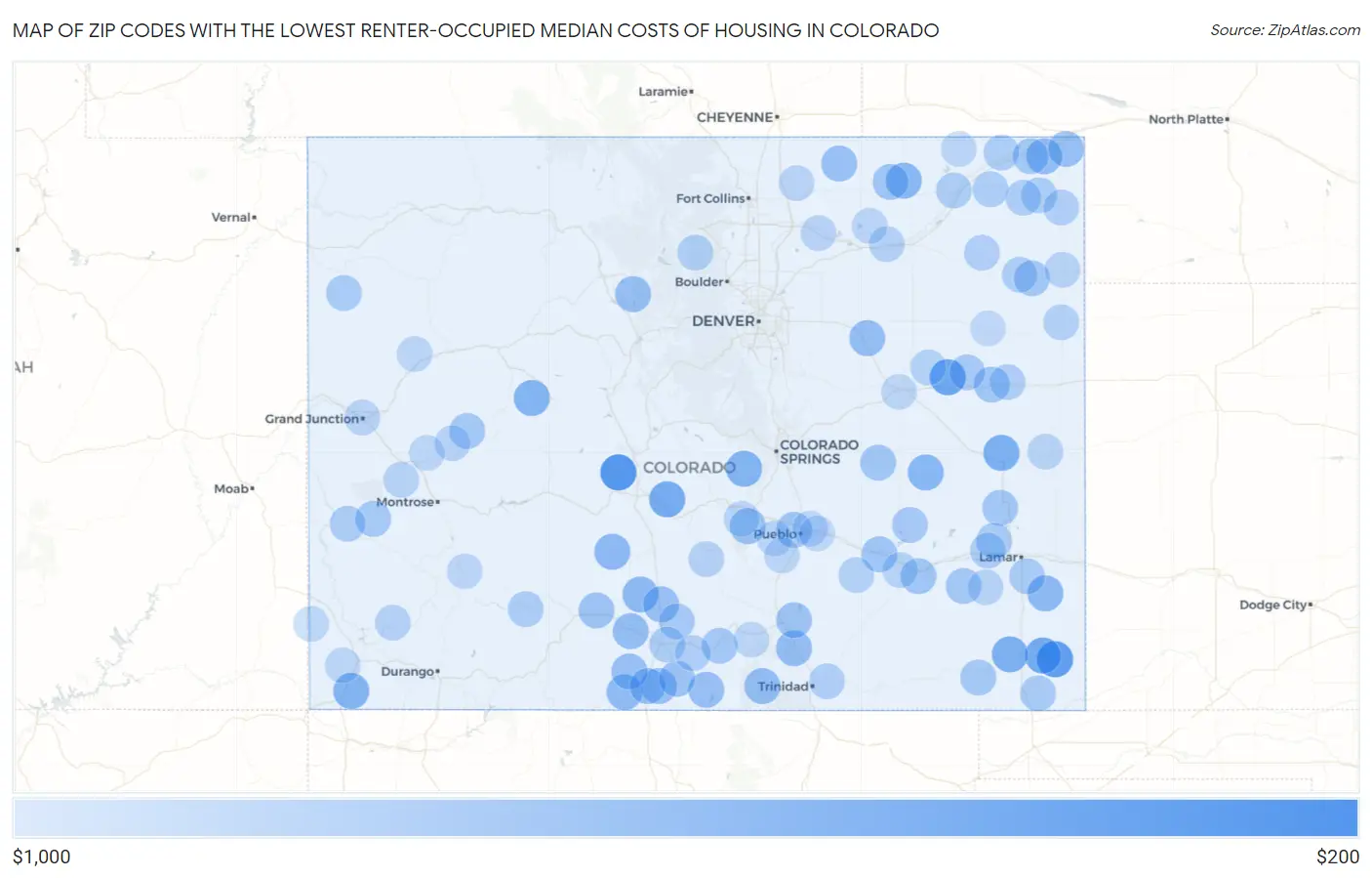 Zip Codes with the Lowest Renter-Occupied Median Costs of Housing in Colorado Map