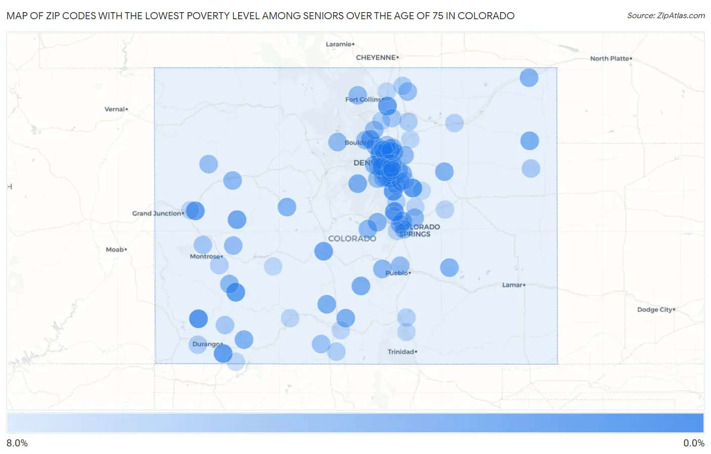 Zip Codes with the Lowest Poverty Level Among Seniors Over the Age of 75 in Colorado Map