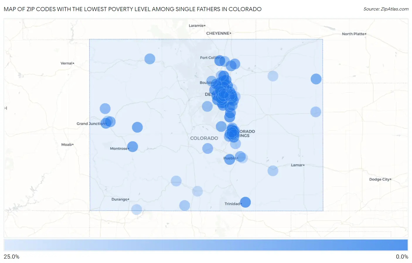 Zip Codes with the Lowest Poverty Level Among Single Fathers in Colorado Map