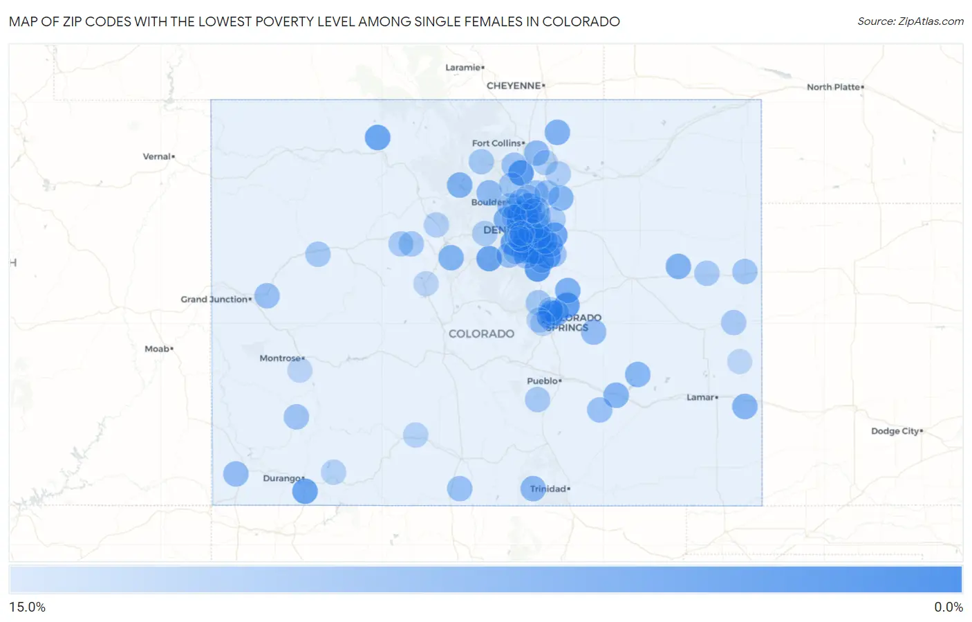 Zip Codes with the Lowest Poverty Level Among Single Females in Colorado Map