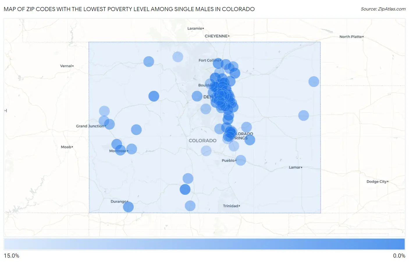 Zip Codes with the Lowest Poverty Level Among Single Males in Colorado Map