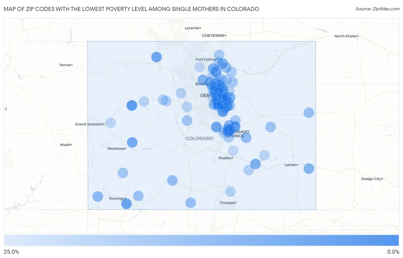 Zip Codes with the Lowest Poverty Level Among Single Mothers in Colorado Map
