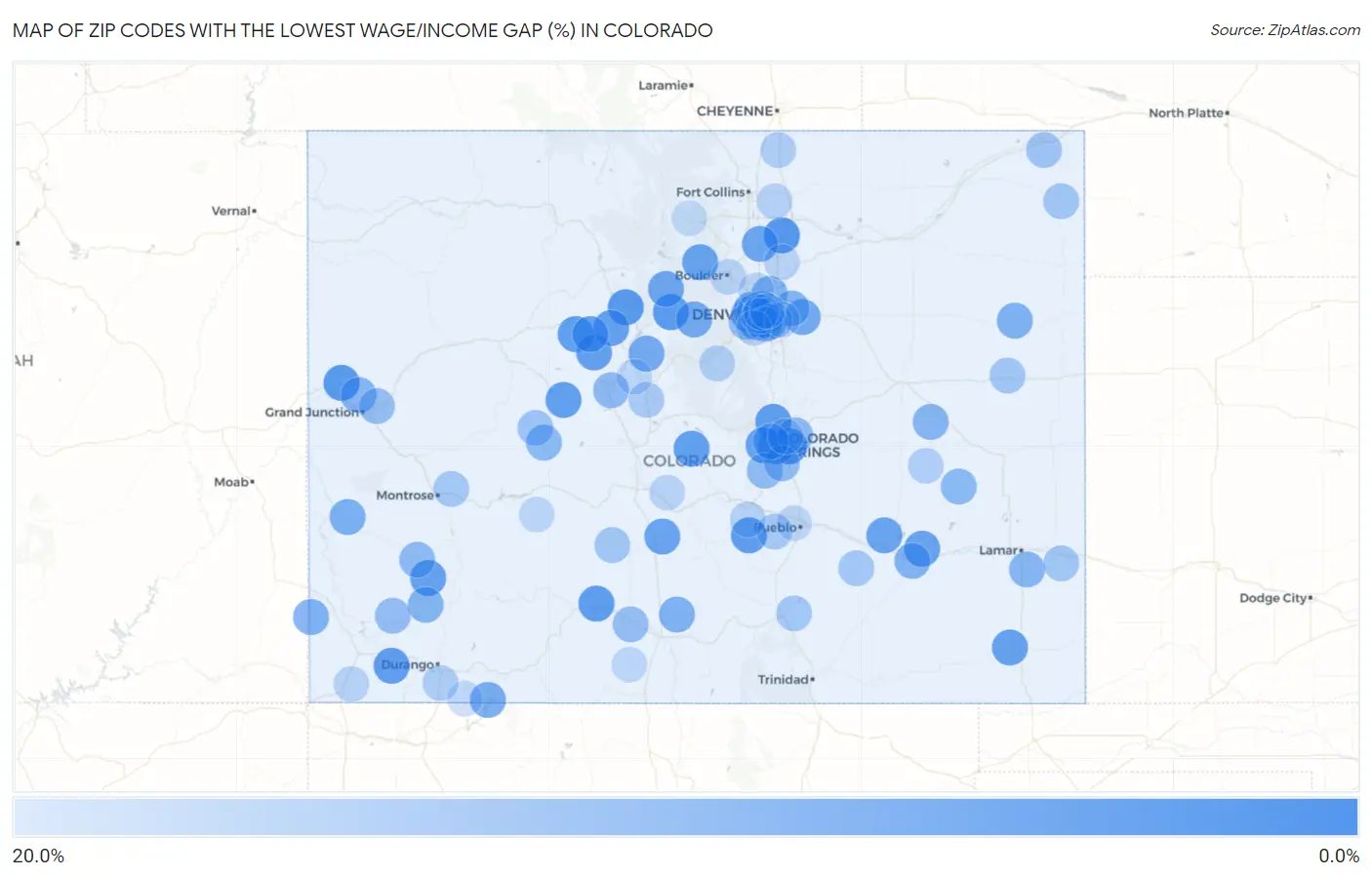 Zip Codes with the Lowest Wage/Income Gap (%) in Colorado Map