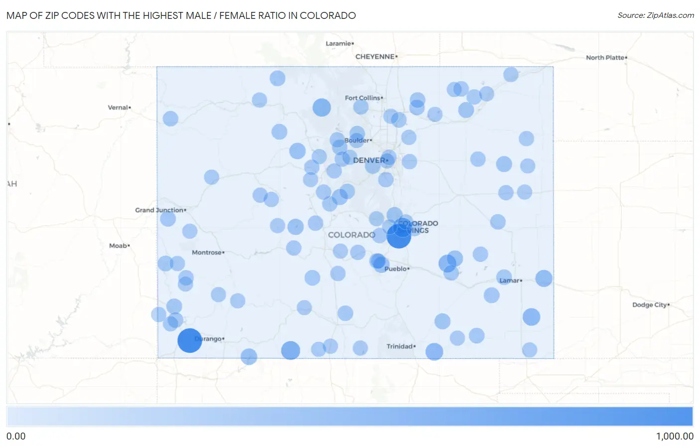 Zip Codes with the Highest Male / Female Ratio in Colorado Map