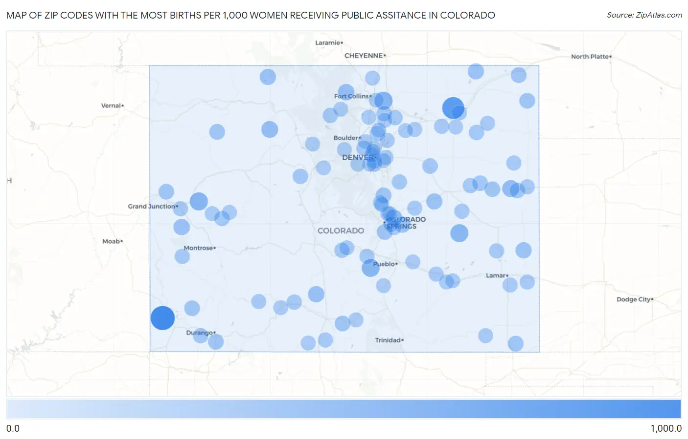 Zip Codes with the Most Births per 1,000 Women Receiving Public Assitance in Colorado Map