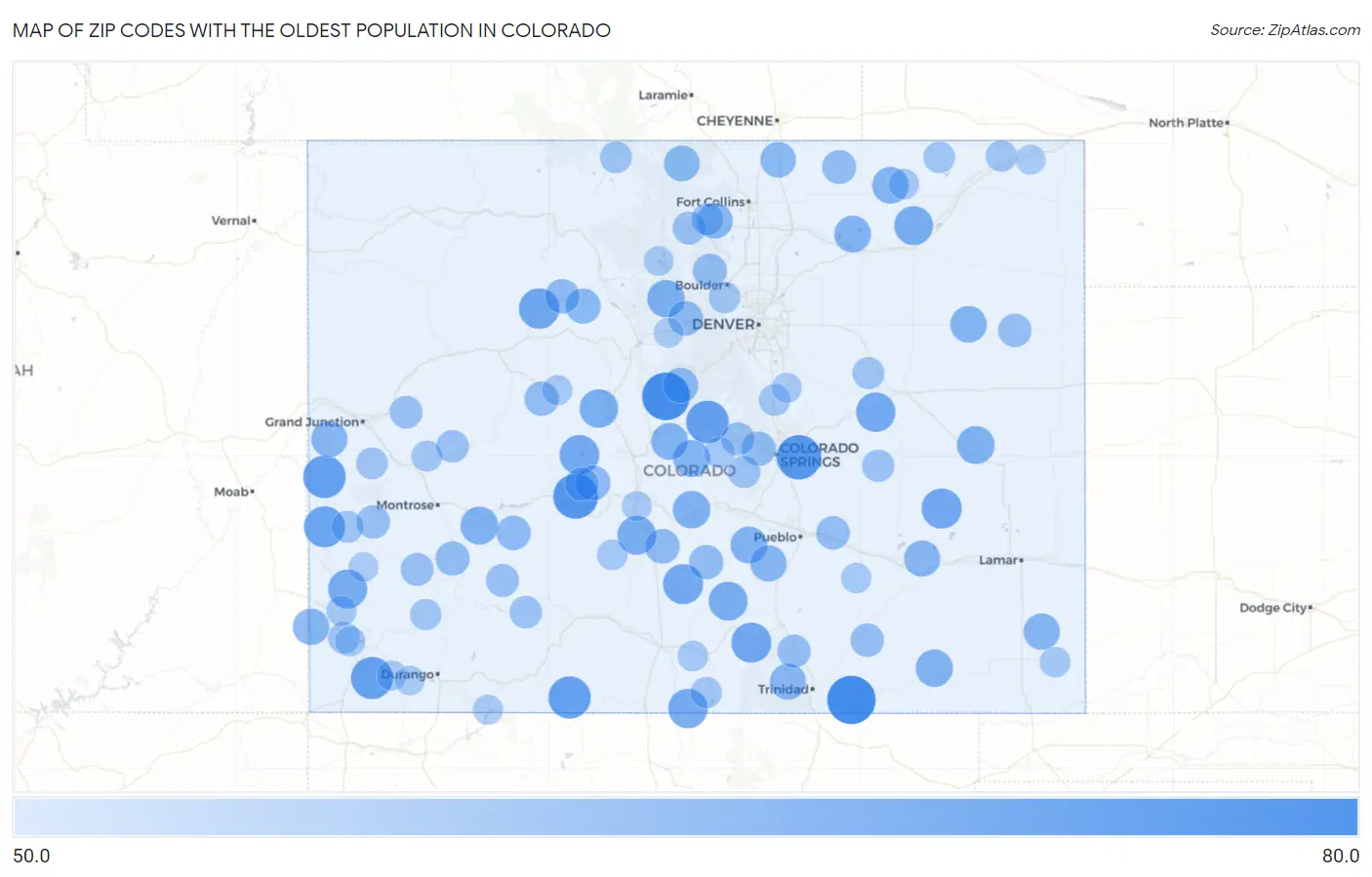 Zip Codes with the Oldest Population in Colorado Map