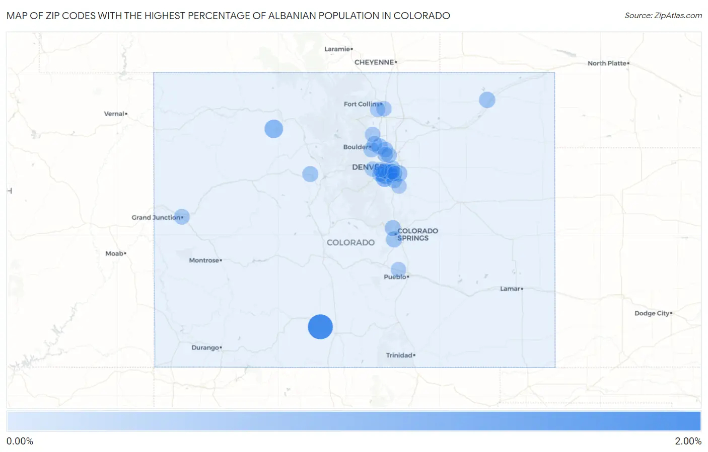 Zip Codes with the Highest Percentage of Albanian Population in Colorado Map