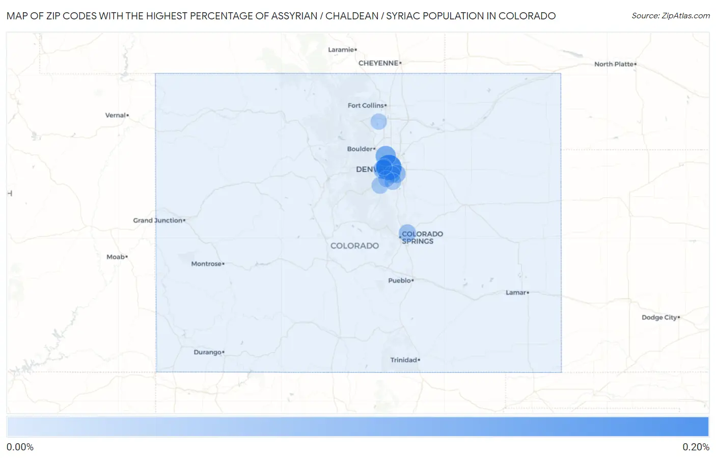 Zip Codes with the Highest Percentage of Assyrian / Chaldean / Syriac Population in Colorado Map