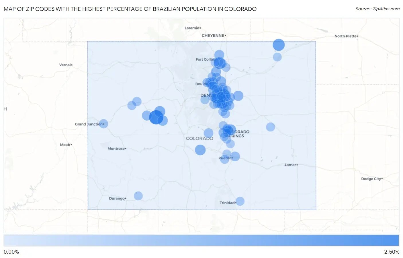 Zip Codes with the Highest Percentage of Brazilian Population in Colorado Map