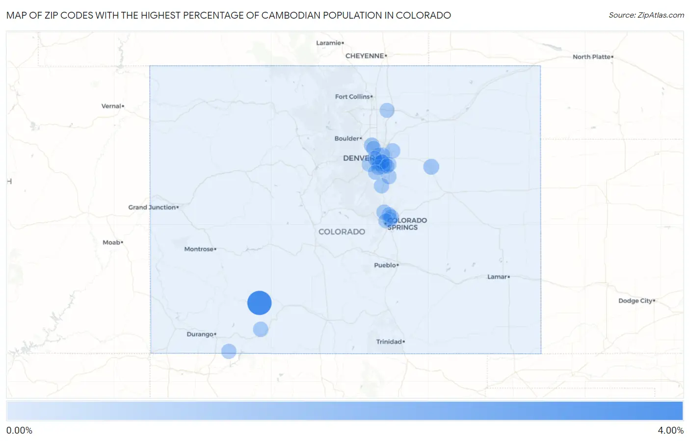 Zip Codes with the Highest Percentage of Cambodian Population in Colorado Map