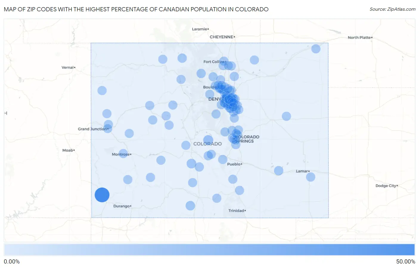 Zip Codes with the Highest Percentage of Canadian Population in Colorado Map