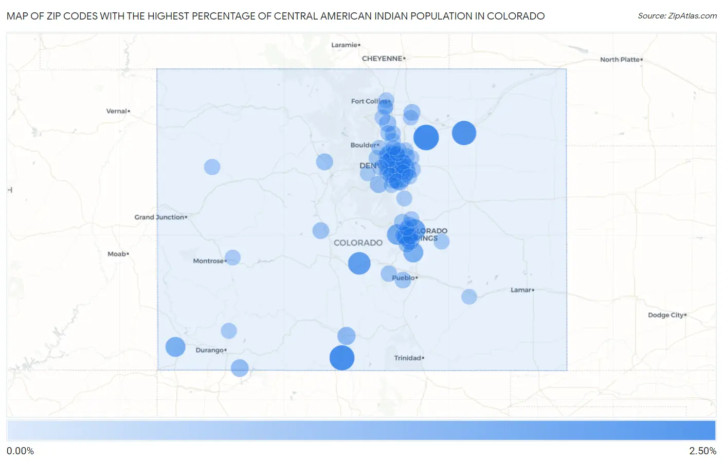 Zip Codes with the Highest Percentage of Central American Indian Population in Colorado Map