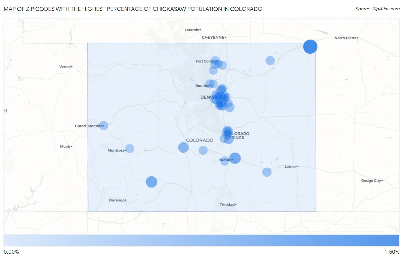 Zip Codes with the Highest Percentage of Chickasaw Population in Colorado Map