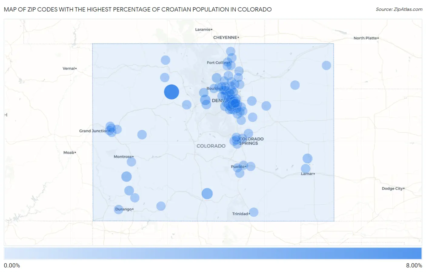 Zip Codes with the Highest Percentage of Croatian Population in Colorado Map